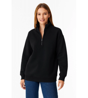 Kadın 3 İplik Pamuklu Dık Yaka Yarım Fermuarlı SweatShirt - Siyah