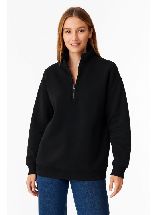 Kadın 3 İplik Pamuklu Dık Yaka Yarım Fermuarlı SweatShirt - Siyah