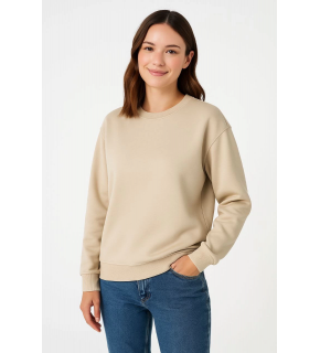 Kadın 3 İplik Pamuklu Düz Bisiklet Yaka SweatShirt - Bej