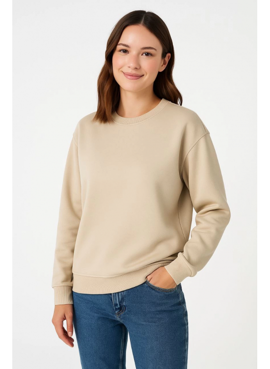 Kadın 3 İplik Pamuklu Düz Bisiklet Yaka SweatShirt - Bej