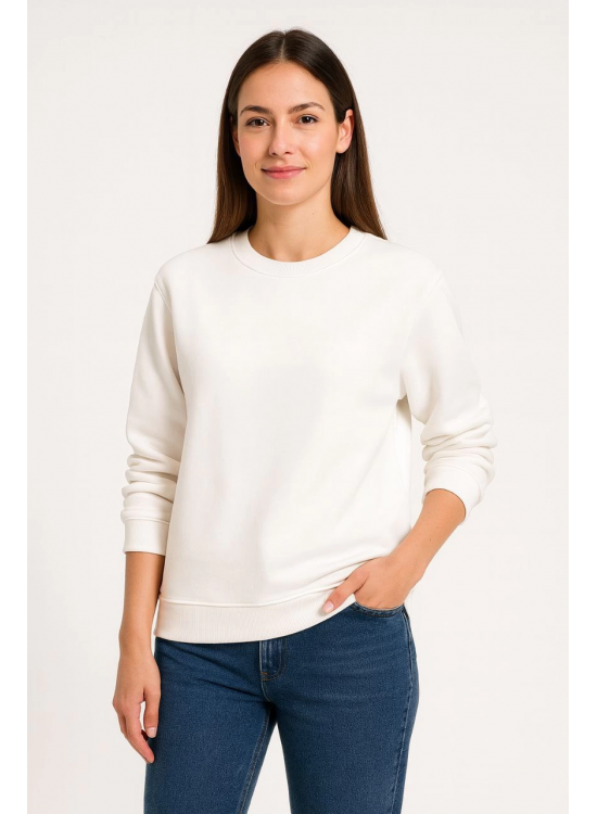 Kadın 3 İplik Pamuklu Düz Bisiklet Yaka SweatShirt - Beyaz