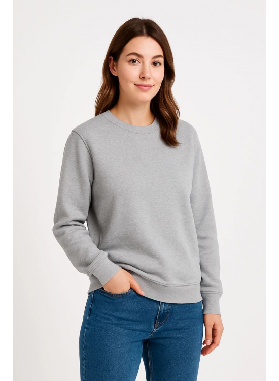 Kadın 3 İplik Pamuklu Düz Bisiklet Yaka SweatShirt - Gri