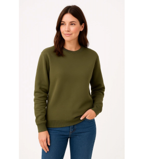 Kadın 3 İplik Pamuklu Düz Bisiklet Yaka SweatShirt - Haki