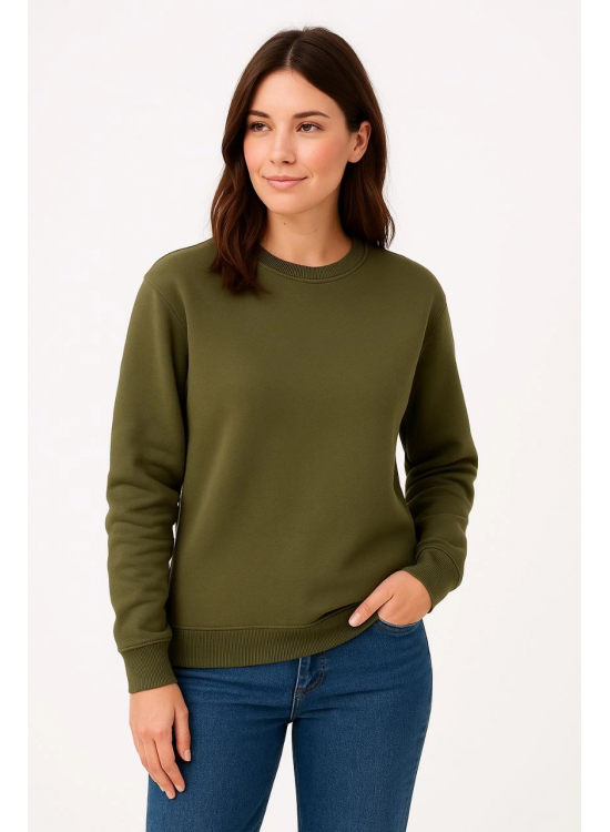 Kadın 3 İplik Pamuklu Düz Bisiklet Yaka SweatShirt - Haki