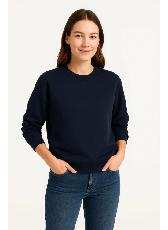 Kadın 3 İplik Pamuklu Düz Bisiklet Yaka SweatShirt - Lacivert