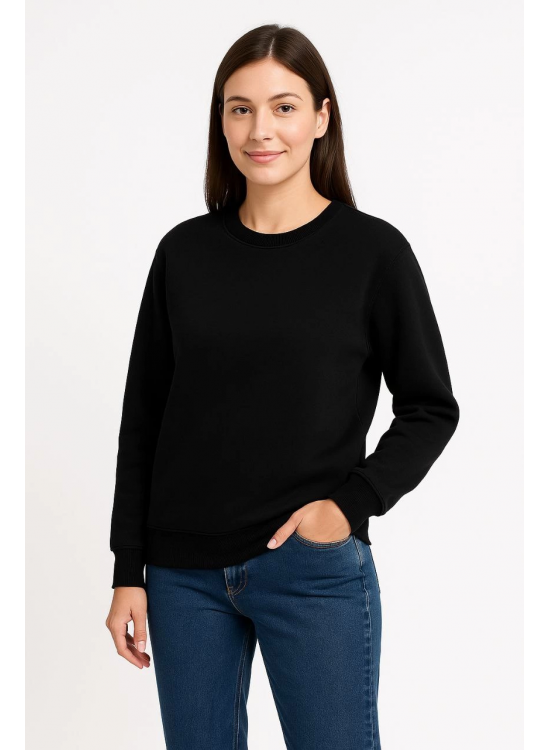 Kadın 3 İplik Pamuklu Düz Bisiklet Yaka SweatShirt - Siyah
