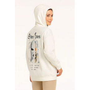 Kadın Kapüşonlu Kanguru Cepli Sweatshirt 3 İplik Pamuklu Baskılı Hoodie - Beyaz