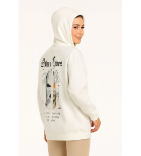 Kadın Kapüşonlu Kanguru Cepli Sweatshirt 3 İplik Pamuklu Baskılı Hoodie - Beyaz