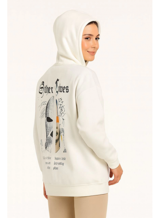 Kadın Kapüşonlu Kanguru Cepli Sweatshirt 3 İplik Pamuklu Baskılı Hoodie - Beyaz Kadın Kapüşonlu Kanguru Cepli Sweatshirt 3 İplik Pamuklu Baskılı Hoodie - Beyaz