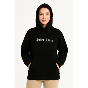 Kadın Kapüşonlu Kanguru Cepli Sweatshirt 3 İplik Pamuklu Baskılı Hoodie - Siyah
