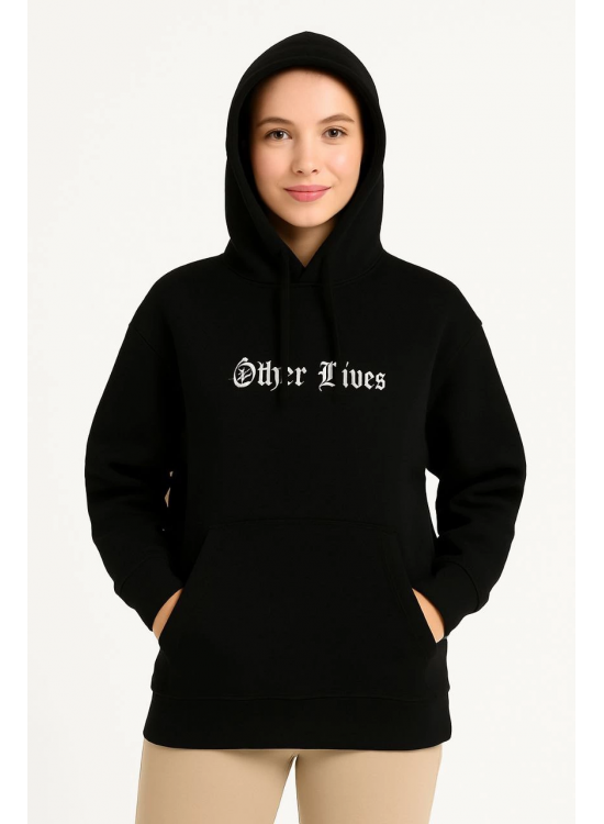 Kadın Kapüşonlu Kanguru Cepli Sweatshirt 3 İplik Pamuklu Baskılı Hoodie - Siyah Kadın Kapüşonlu Kanguru Cepli Sweatshirt 3 İplik Pamuklu Baskılı Hoodie - Siyah