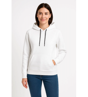 Kadın Kapüşonlu Kanguru Cepli 3 İplik Pamuklu Oversize Hoodie Sweatshirt - Beyaz