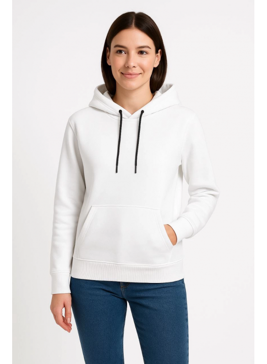 Kadın Kapüşonlu Kanguru Cepli 3 İplik Pamuklu Oversize Hoodie Sweatshirt - Beyaz