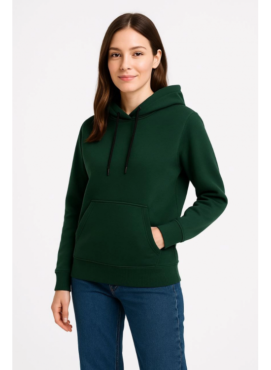 Kadın 3 İplik Pamuklu Kapüşonlu Kanguru Cepli Sweatshirt hoodie - Haki