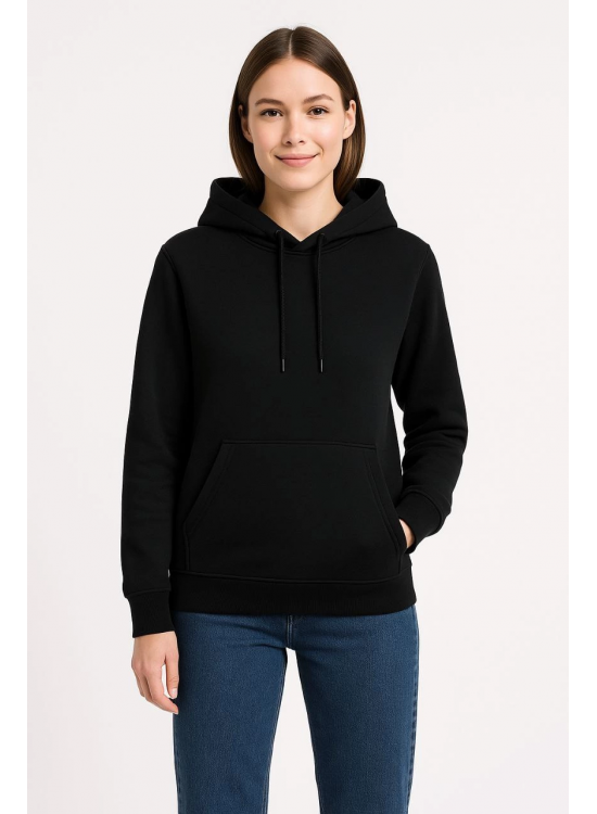 Kadın 3 İplik Pamuklu Kapüşonlu Kanguru Cepli Sweatshirt hoodie - Siyah