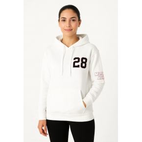 Kadın Kapüşonlu Kanguru Cepli Sweatshirt 3 İplik Pamuklu Baskılı Hoodie - Beyaz