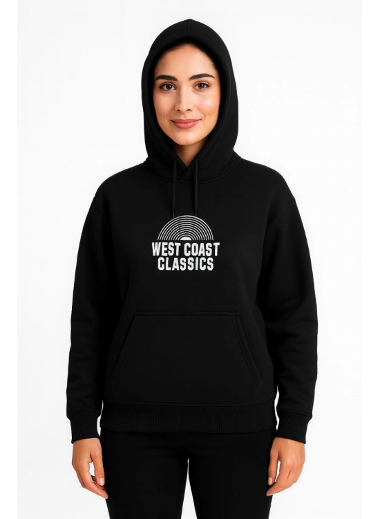 Kadın Oversize Kapüşonlu Cepli Baskılı 3 İplik Pamuklu Hoodie Sweatshirt - Siyah Kadın Oversize Kapüşonlu Cepli Baskılı 3 İplik Pamuklu Hoodie Sweatshirt - Siyah