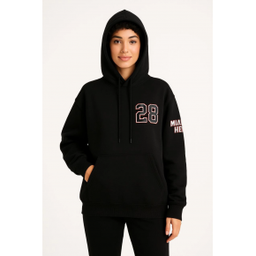 Kadın 3 İplik Pamuklu Kapüşonlu Kanguru Cepli Baskılı Hoodie Sweatshirt - Siyah