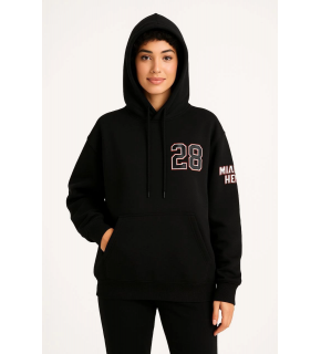 Kadın 3 İplik Pamuklu Kapüşonlu Kanguru Cepli Baskılı Hoodie Sweatshirt - Siyah