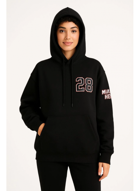 Kadın 3 İplik Pamuklu Kapüşonlu Kanguru Cepli Baskılı Hoodie Sweatshirt - Siyah