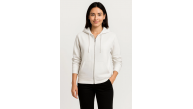 Kadın 3 İplik Kapüşonlu Tam Fermuarlı Kanguru Cepli Sweatshirt Hoodie - Beyaz