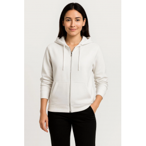 Kadın 3 İplik Kapüşonlu Tam Fermuarlı Kanguru Cepli Sweatshirt Hoodie - Beyaz