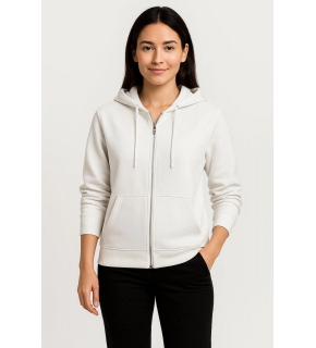 Kadın 3 İplik Kapüşonlu Tam Fermuarlı Kanguru Cepli Sweatshirt Hoodie - Beyaz
