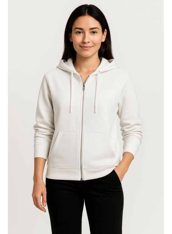 Kadın 3 İplik Kapüşonlu Tam Fermuarlı Kanguru Cepli Sweatshirt Hoodie - Beyaz