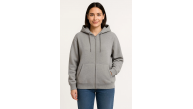 Kadın 3 İplik Pamuklu Kapüşonlu Tam Fermuarlı Kanguru Cepli Sweatshirt Hoodie - Gri
