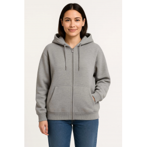 Kadın 3 İplik Pamuklu Kapüşonlu Tam Fermuarlı Kanguru Cepli Sweatshirt Hoodie - Gri