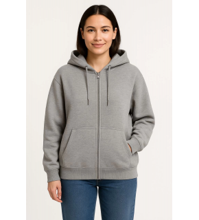 Kadın 3 İplik Pamuklu Kapüşonlu Tam Fermuarlı Kanguru Cepli Sweatshirt Hoodie - Gri