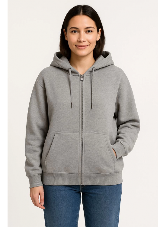 Kadın 3 İplik Pamuklu Kapüşonlu Tam Fermuarlı Kanguru Cepli Sweatshirt Hoodie - Gri