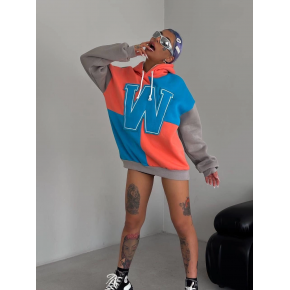 Kadın W Nakış İşlemeli Kapüşonlu 3 iplik pamuklu Parçalı Sweatshirt Hoodie - Mavi