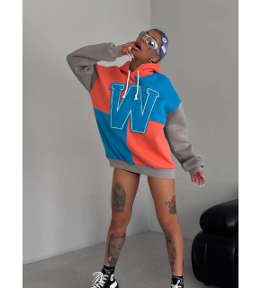 Kadın W Nakış İşlemeli Kapüşonlu 3 iplik pamuklu Parçalı Sweatshirt Hoodie - Mavi