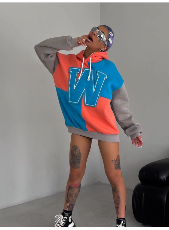 Kadın W Nakış İşlemeli Kapüşonlu 3 iplik pamuklu Parçalı Sweatshirt Hoodie - Mavi Kadın W Nakış İşlemeli Kapüşonlu 3 iplik pamuklu Parçalı Sweatshirt Hoodie - Mavi