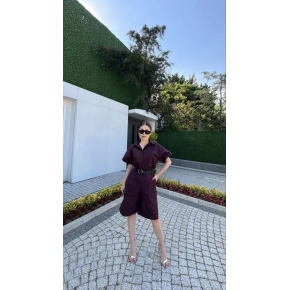 Kadın Yakalı Gömlek Kemerli Şortlu Alt-Üst Takım - Bordo