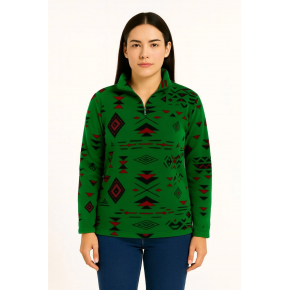 Kadın Yarım Fermuarlı Desenli Polar Sweat Tribal Etnik Desen Yakalı Uzun Kollu - Yeşil