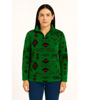 Kadın Yarım Fermuarlı Desenli Polar Sweat Tribal Etnik Desen Yakalı Uzun Kollu - Yeşil