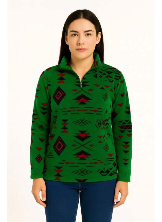 Kadın Yarım Fermuarlı Desenli Polar Sweat Tribal Etnik Desen Yakalı Uzun Kollu - Yeşil Kadın Yarım Fermuarlı Desenli Polar Sweat Tribal Etnik Desen Yakalı Uzun Kollu - Yeşil