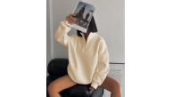 Kadın 3 İplik Pamuklu Oversize Yarım Fermuarlı Yakalı Basic Sweatshirt - Bej