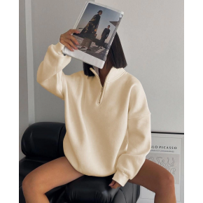 Kadın 3 İplik Pamuklu Oversize Yarım Fermuarlı Yakalı Basic Sweatshirt - Bej