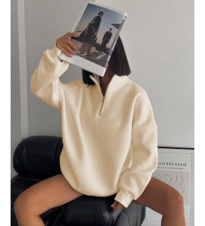 Kadın 3 İplik Pamuklu Oversize Yarım Fermuarlı Yakalı Basic Sweatshirt - Bej