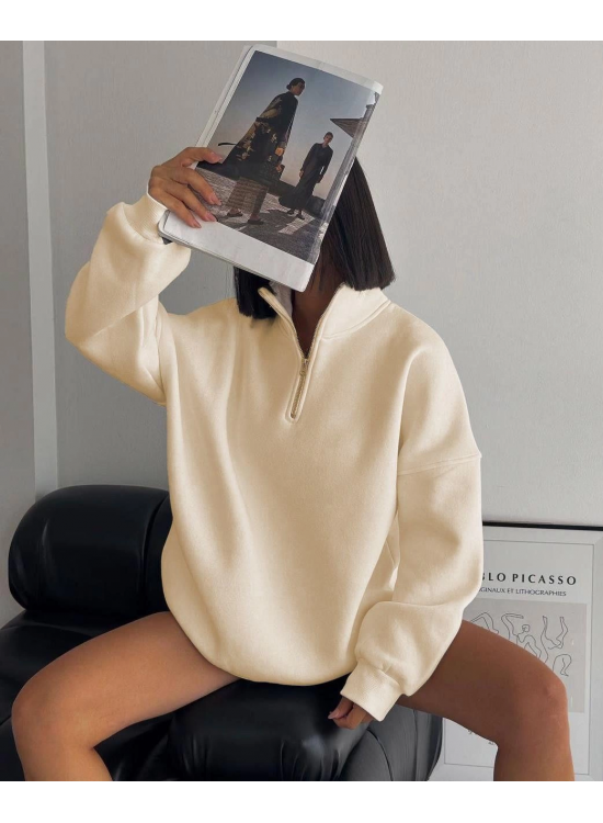 Kadın 3 İplik Pamuklu Oversize Yarım Fermuarlı Yakalı Basic Sweatshirt - Bej