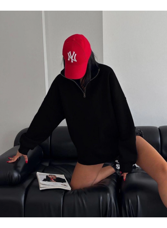 Kadın 3 İplik Pamuklu Oversize Yarım Fermuarlı Yakalı Basic Sweatshirt - Siyah