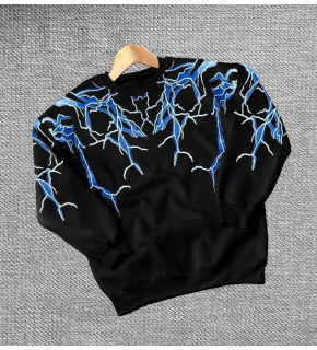 Kadın Yıldırım Baskılı Bisiklet Yaka 3 iplik pamuklu Sweatshirt - Siyah