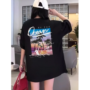Kadın Kısa Kol Yazlık Tişört Bisiklet Yaka Okyanus Baskılı T-Shirt - Siyah