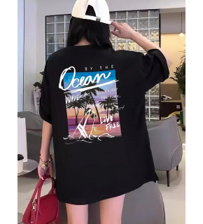 Kadın Kısa Kol Yazlık Tişört Bisiklet Yaka Okyanus Baskılı T-Shirt - Siyah