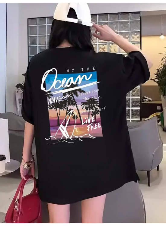 Kadın Kısa Kol Yazlık Tişört Bisiklet Yaka Okyanus Baskılı T-Shirt - Siyah Kadın Kısa Kol Yazlık Tişört Bisiklet Yaka Okyanus Baskılı T-Shirt - Siyah