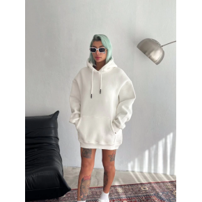 Kadın Kapüşonlu Kanguru Cepli 3 İplik Pamuklu Oversize Hoodie Sweatshirt - Beyaz