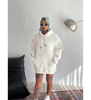 Kadın Kapüşonlu Kanguru Cepli 3 İplik Pamuklu Oversize Hoodie Sweatshirt - Beyaz